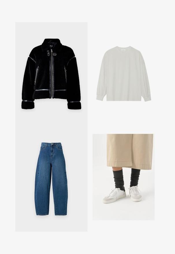 Svart lammeskinnjakke med glidelås, detaljer i kunstskinn, glidelåslommer og krage. Teksturert myk stoff og skreddersydd passform.; Lys grå langermet t-skjorte laget av myk bomull. Har en løs passform, rund hals og forsiktig samlet mansjetter. Ingen mønstre eller grafikk.; Denimjeans i en middels blå vask, med høy midje, vide ben og standard fem-roms design med synlige sømdetaljer.; Hvite og grå sneakers med svart hælakkent, med en glatt læroverdel og teksturert semsket tå. Brukt sammen med mørkegrå slouchy sokker.
