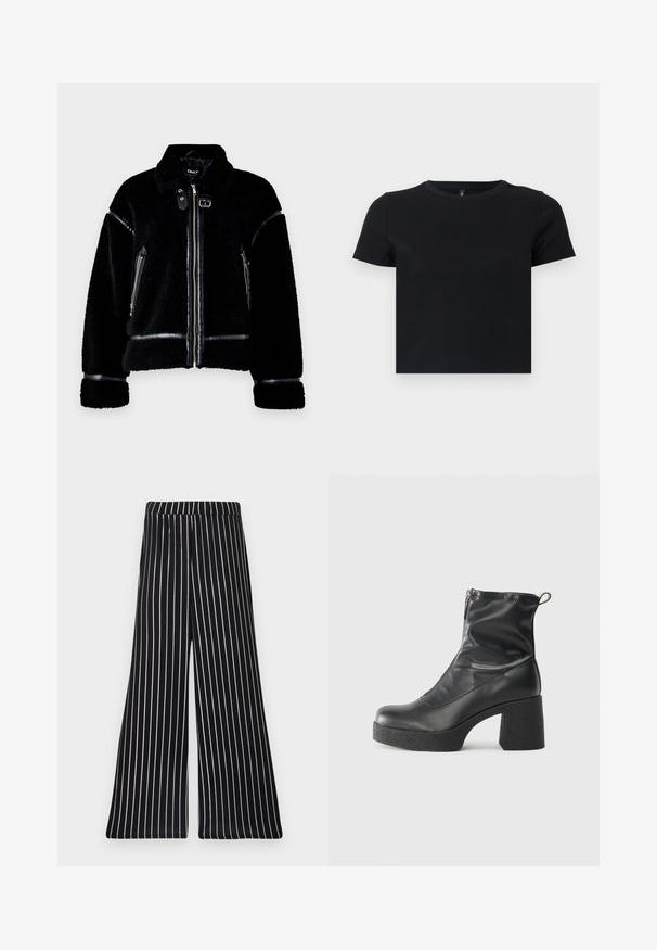 Čierna ovčia bunda s uzáverom na zips, akcentmi z umelého kože, vreckami na zips a golierom. Textúrovaná mäkká tkanina a priliehavý strih.; Čierne tričko s krátkym rukávom vyrobené z mäkkého bavlneného materiálu. Má okrúhly výstrih a priliehavý strih. Hladká textúra bez vzorov alebo akcentov.; Čierne a biele pruhované široké nohavice s elastickým pásom, ktoré majú vertikálne pruhy vyrobené z mäkkej, elastickej látky.; Čierne členkové topánky z hladkej kože, so bočným zipsom, robustnou textúrovanou pätnou časťou a zaobleným dizajnom špičky.