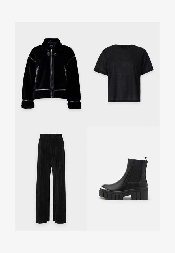 Casaco de shearling preto com fecho de correr, detalhes em pele sintética, bolsos com fecho de correr e gola. Tecido macio texturizado e ajuste sob medida.; T-shirt preto de manga curta com um corte descontraído, apresentando uma textura suave e um decote redondo. Tecido leve com um brilho subtil.; Calças pregueadas pretas com uma cintura elástica. Apresentam pernas largas e um tecido liso, texturizado com riscas verticais.; Botas de tornozelo pretas feitas de couro liso, com painéis elásticos, uma sola de plataforma grossa e uma biqueira metálica.