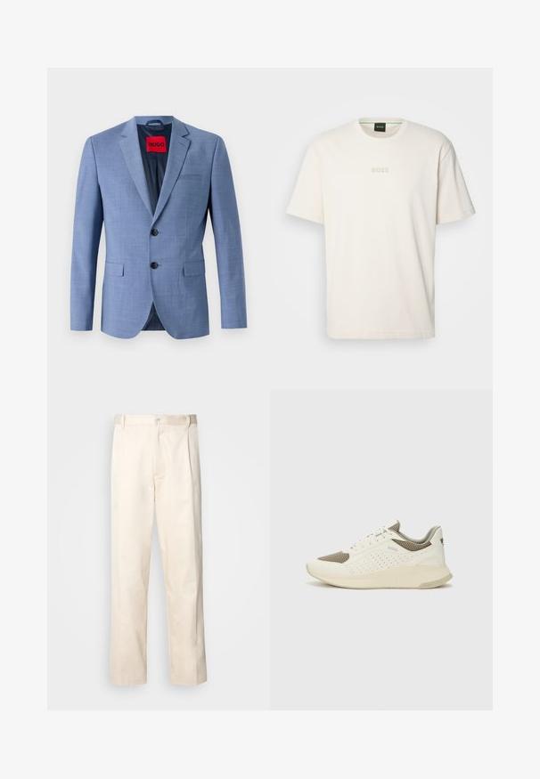 Light blue blazer made of textured fabric, featuring two black buttons, a chest pocket, and a red brand label inside the collar.; BOSS TEE - Basic T-shirt - open white; Beige cotton trousers with a straight-leg cut, featuring a button closure and pleats at the front for added detail.; White and light beige athletic sneaker, featuring a mesh upper, perforated detailing, and a textured midsole with branding on the heel.