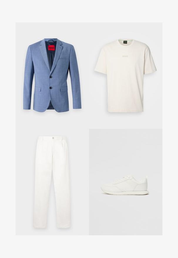 Lyseblå blazer laget av teksturert stoff, med to svarte knapper, en brystlomme og en rød merkelapp inni kragen.; BOSS TEE - T-shirts - open white; Hvite bukser laget av glatt stoff, med rett ben-design, frontfolder og en enkelt knappelukking i livet.; Hvit sneaker med en mesh- og syntetisk overdel, rund tå, flate lisser og en teksturert sidestropp. Gummisåle med en pull-tab bak.