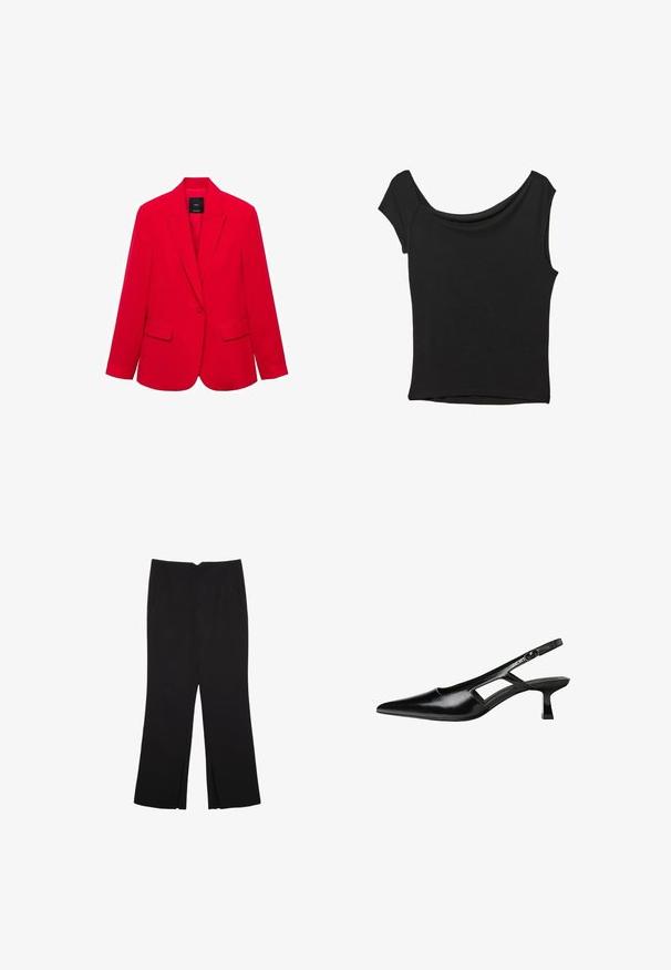 Rdeč blejzer iz gladkega materiala, z izrezanim ovratnikom, dvema sprednjima žepoma in prilagojenim krojem s zapiranjem na en gumb.; Črna kratka majica s kratkimi rokavi iz gladkega blaga; ima drapiran izrez in asimetrično spodnjo rob, s prilegnjenim telesom.; Črne hlače ravnega kroja z naglavnimi žepi in stranskimi razporki na robu. Narejene iz mehke, gladke tkanine. Primerne za različne priložnosti.; Črne patentični usnjeni salonarji s slingback designom, z zašiljenim nosom, izrezanim stranskim dizajnom in majhnim kvadratnim peto. Gladka tekstura z minimalnimi detajli.