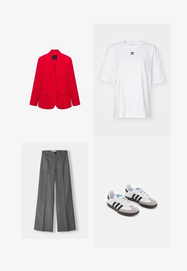 Rød blazer lavet af glat stof, med en spids revers, to forlommer og en skræddersyet pasform med en enkelt knaplukning.; Hvid kortærmet t-shirt lavet af bomuld. Har en rund halsudskæring og et lille sort Adidas-logo på brystet. Lige skåret kant.; Grå brede bukser med stribe-mønster, udstyret med knaplukning og to forlommer. Lavet af tekstureret stof.; Sportsko med en overdel i hvid læder, grå ruskind på tåen og tre sorte striber. Har et blåt logo på tungen og en struktureret gummisål.