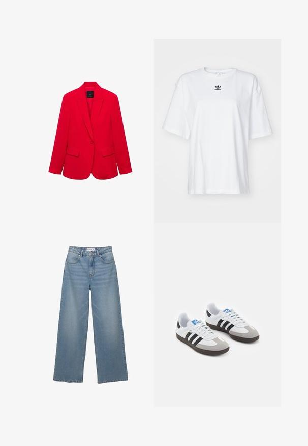 Rød blazer lavet af glat stof, med en spids revers, to forlommer og en skræddersyet pasform med en enkelt knaplukning.; Hvid kortærmet t-shirt lavet af bomuld. Har en rund halsudskæring og et lille sort Adidas-logo på brystet. Lige skåret kant.; Lys blå vidde jeans lavet af denim. Har høj talje, fem lommer og lige pasform med minimal fading.; Sportsko med en overdel i hvid læder, grå ruskind på tåen og tre sorte striber. Har et blåt logo på tungen og en struktureret gummisål.