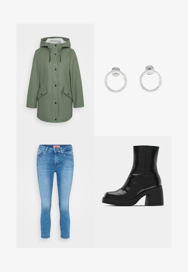ONLY Petite ONLELISA RAINCOAT - Parka - agave green; Kolm pika varrukaga lühikest tsooni moodustavat topi, värvid valge, beež ja tuhm türkissinine, ümmarguste kaelustega, heleda halli tausta peal.; Heledad sinine denimist kitsad teksad keskmise kõrgusega vöökohaga, viie tasku ja toore äärisega pahkluudes. Brändi silt on nähtav vöökohal.; Mustad mustad, läikiva viimistlusega, ruudukujulise varbaga ja paksu plokktallaga. Kujundus sisaldab sujuvat siluetti ja minimaalset brändimist.; Hõbedased metallist rõngastooted, millel on harjatud tekstuur, ümmargune disain ja selge tagumine post, tagamaks kindlat kandmist.