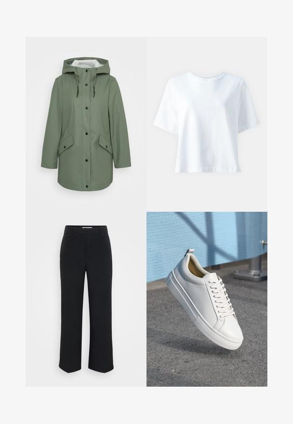 ONLY Petite ONLELISA RAINCOAT - Parca - agave green; T-shirt de algodão branco com decote redondo, mangas curtas, corte solto e textura suave. Não apresenta padrões ou detalhes visíveis.; Calças largas pretas com uma textura suave, apresentando uma cintura plana e bolsos laterais, desenhadas com uma estética minimalista.; Sapatilha de couro branca com atacadores planos, biqueira arredondada, sola de borracha e uma pequena aba na parte de trás. Textura suave com detalhes de design mínimos.