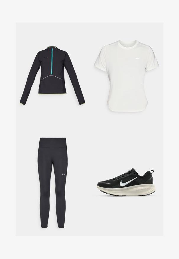 HOKA SKYGLOW HALF ZIP - Casaco para exterior - black; T-shirt da Nike em branco, mangas curtas, decote redondo, feito de um tecido liso e leve. Apresenta um logo discreto no peito.; Leggings pretos feitos de tecido elástico, com uma cintura alta e um logo branco da Nike na coxa esquerda. Textura suave, design ajustado ao corpo.; Sapatilha de corrida Nike preta com parte superior de malha respirável, logotipo Swoosh branco, detalhes texturizados e uma entressola ZoomX na cor creme.