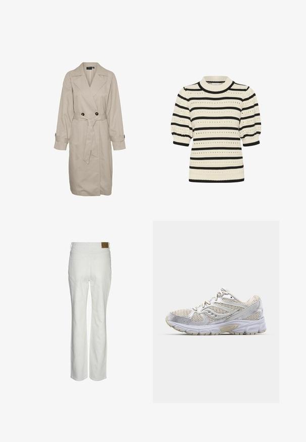 Bežinė tranšėja su dvigubais mygtukais, mygtukų akcentais, plačiais atvartais, ilgomis rankovėmis ir atitinkančia liemens juosta.; Megzta megija su kreminės ir juodos horizontaliomis juostomis, trumpomis pūstomis rankovėmis, raištiniu apykaklės kraštu ir akytomis raštais visoje megijoje.; Balti aukštu liemeniu kelnių, pagamintų iš medvilnės mišinio. Turi tiesią kojų kirpimą, dvi galines kišenes ir pažymėtą rudą etiketę ant liemens.; Lengvas bėgimo batelis su baltu tinklu ir sidabro akcentais, paminkštintu padu ir tekstūruota guminėmis išorinėmis dalimis, užtikrinančiomis sukibimą.