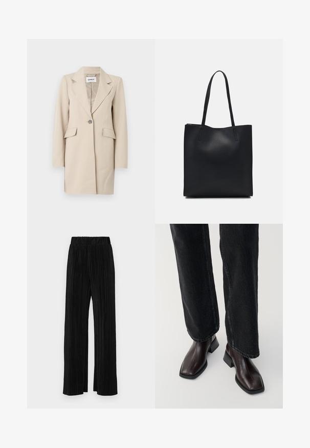 Cappotto beige su misura con rever a punta, chiusura con un bottone, tasche frontali e silhouette strutturata. Tessuto dalla superficie liscia.; T-shirt nera a maniche corte con scollatura rotonda, realizzata in morbido cotone. Design semplice, senza loghi o motivi visibili.; Pantaloni neri a plissé con vita elasticizzata. Presentano gamba ampia e un tessuto liscio e texture con strisce verticali.; Stivali in pelle marrone fino alla caviglia con punta quadrata e tacco a blocco, abbinati a jeans neri a gamba larga. Texture liscia e design minimalista.; Borsa tote in pelle nera con texture liscia, forma rettangolare e due manici lunghi. Nessun hardware o decorazione visibile.