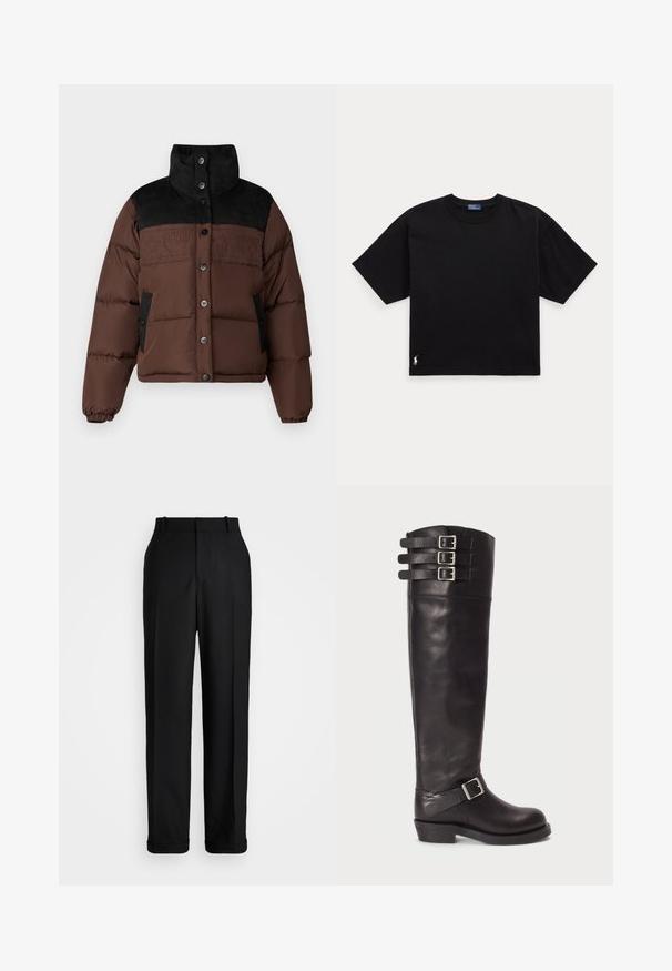 Brun uppblåsbar jacka med svart krage, med knappad front, sidofickor och broderade stjärndetaljer på bröstet.; Svart bomullströja med korta ärmar, rund hals och en liten vit logotyp i nederkant till vänster. Klassisk, boxig passform med minimal detaljering.; Polo Ralph Lauren HIGH RISE RELAXED STRAIGHT TROUSER - Tygbyxor - black; Svart läderstövel upp till knäna med rund tå, tre remmar med spännen upptill och en sidospänne-detalj. Platt sula och slät yta.