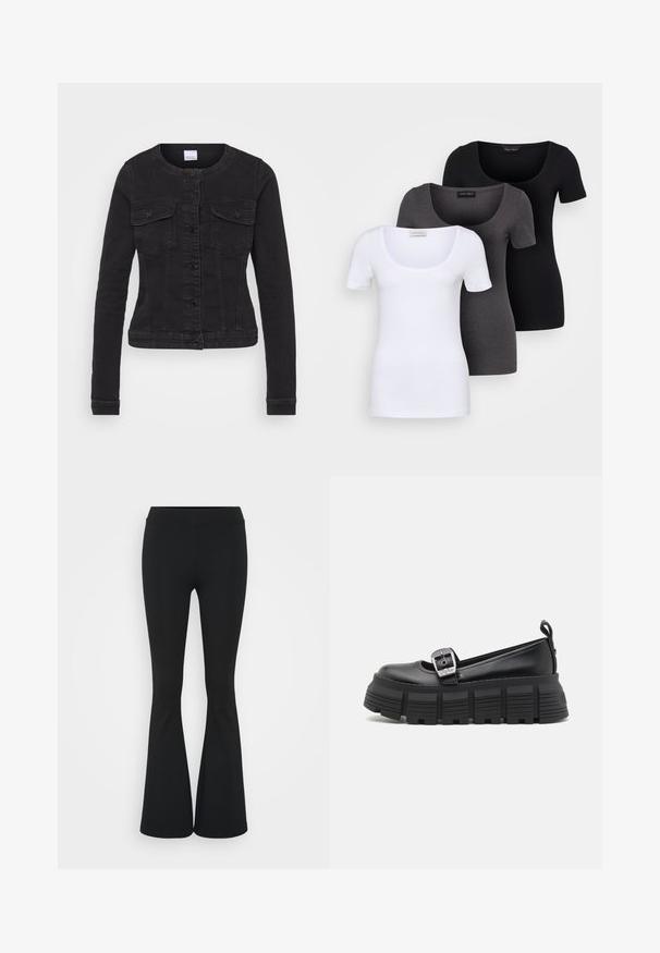 Black denim jacket featuring a round neckline, long sleeves, front button closure, and two chest pockets with flap detail.; Three fitted T-shirts in white, gray, and black. Each features a wide scoop neckline and short sleeves. Made from smooth, stretchy fabric.; Black flared pants made of stretchy fabric, featuring a high waistband and a smooth texture. The pants flare out from the knee.; Black platform loafers with a rounded toe, smooth leather upper, adjustable buckle, and textured rubber sole featuring horizontal ridges.