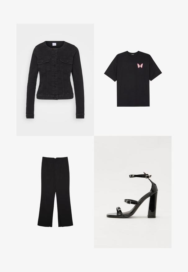 Črna denim jakna z okroglo ovratnikom, dolgimi rokavi, sprednjim zapiranjem na gumbe ter dvema žepoma na prsih s pokrovom.; Črna bombažna majica s kratkimi rokavi, ki ima majhen roza metuljček na levi strani prsnega dela. Majica s krožnim ovratnikom in sproščenim krojem.; Črne hlače ravnega kroja z naglavnimi žepi in stranskimi razporki na robu. Narejene iz mehke, gladke tkanine. Primerne za različne priložnosti.; Črne lakirane sandale s peto, kvadratnim prstom, trakovi okrog gležnja in srebrnimi zaponkami. Opremljene so s stabilno Debelo peto.