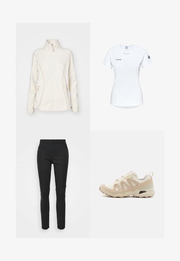 Giacca in pile bianca con colletto alto, zip frontale e tasche laterali. Caratterizzata da cuciture beige a contrasto e un piccolo logo sul petto.; Maglietta atletica bianca a maniche corte con colletto rotondo, dotata di un logo sul petto e una texture di tessuto liscia e leggera.; Leggings sportivi neri con una vita alta, texture liscia, dettaglio del logo e pannelli laterali per un maggiore interesse visivo.; Scarpa atletica beige e crema con tomaia in mesh testurizzato, sovrapposizioni supportive e suola in gomma con un motivo a tasselli per la trazione.