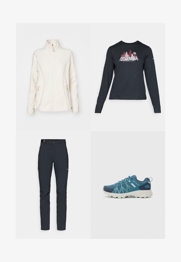 Balta vilnonių džemperių striukė su aukštu apykakle, priekyje su užtrauktuku ir šoninėmis kišenėmis. Pabrėžti kontrastingi smėlio spalvos siūlai ir mažas logotipas ant krūtinės.; Ilga rankovė tamsiai pilka marškinėliai su raudonų medžių ir kalnų grafika; drąsaus baltos spalvos teksto "COLUMBIA" logotipas. Minkšta medžiaga, standartinis apvalus kaklas.; Vyrų lauko kelnės, tamsiai pilkos, pagamintos iš elastingos medžiagos, su diržu, užtrauktukais užtraukiamomis kišenėmis ir sustiprinta siūle.; Columbia PEAKFREAK™ II OUTDRY™ - Turistiniai batai - blue heron/skylight