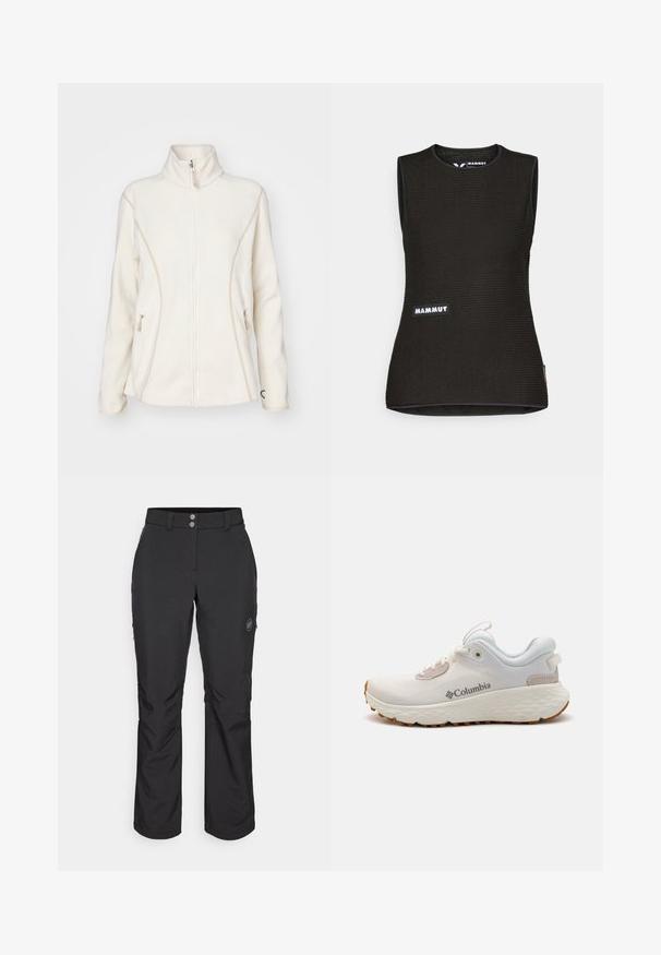 Λευκό ζακέτα από φλις με ψηλό γιακά, εμπρόσθιο φερμουάρ και πλαϊνές τσέπες. Έχει αντίθετες μπεζ ραφές και ένα μικρό λογότυπο στο στήθος.; Μαύρη αμάνικη μπλούζα με υφή, που διαθέτει στρογγυλή λαιμόκοψη και λογότυπο "MAMMUT" μπροστά. Φτιαγμένη από αναπνεύσιμο υλικό.; Μαύρα εξωτερικά παντελόνια με ίσια γραμμή, που διαθέτουν κλείσιμο με κουμπί, φερμουάρ στις πλαϊνές τσέπες και λογότυπο στη δεξιά μηριαία περιοχή.; Ελαφρύ αθλητικό παπούτσι Columbia σε λευκό διχτυωτό υλικό με υφή γκρι σόλας και ελαστική πρόσφυση. Διαθέτει επενδεδυμένο κολάρο και σχέδιο με κορδόνια.