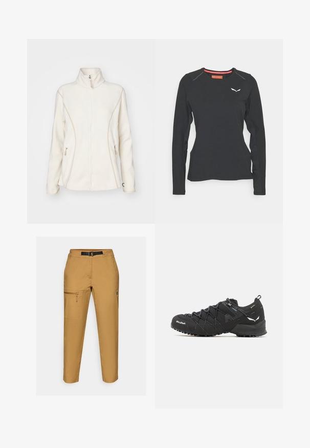 Balta flīsa jaka ar augstu apkakli, priekšējo rāvējslēdzēju un sānu kabatām. Iezīmējas ar kontrastējošiem beisblākiem šuvju galiem un nelielu logo uz krūtīm.; Salewa PEDROC DRY TEE W. - Tops ar garām piedurknēm - black out; Haki bikses ar šauru piegriezumu, izgatavotas no izturīgas auduma. Tām ir kabata ar rāvējslēdzēju sānos, regulējams jostasvīrs un smalks logo atsauce uz kājas.; Melnas pārgājienu kurpes ar teksturētu auduma virsu, šņorēšanas sistēmu un izturīgu gumijas zoli. Akcentētas ar atstarojošām detaļām un logo.