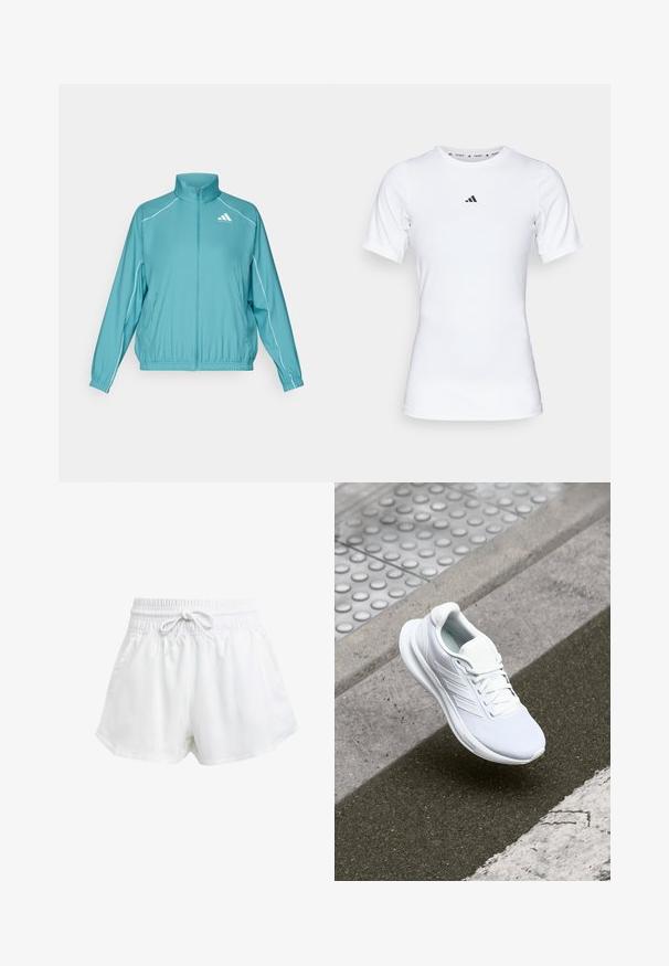 Mėlynas zip-up džemperis su stovinčia apykakle. Apatinėje dalyje yra balta juosta, einanti per pečius, ir mažas logotipas kairėje krūtinės pusėje. Lengvas medžiagos audinys.; Balta sportinė maikutė trumpomis rankovėmis, pagaminta iš lygaus, elastingo audinio. Ant krūtinės yra mažas juodas Adidas logotipas.; Baltos sportinės šortai su elastinga juostos juosta ir reguliuojama raišteliu. Pagaminti iš lengvo audinio, turi šonines kišenes ir laisvą siluetą.; Baltas sportinis batelis su tinklinio audiniu, raišteliais ir tekstūruotu padu. Diskretiška prekės ženklų simbolika ir be siūlių konstrukcijos detalės matomos.