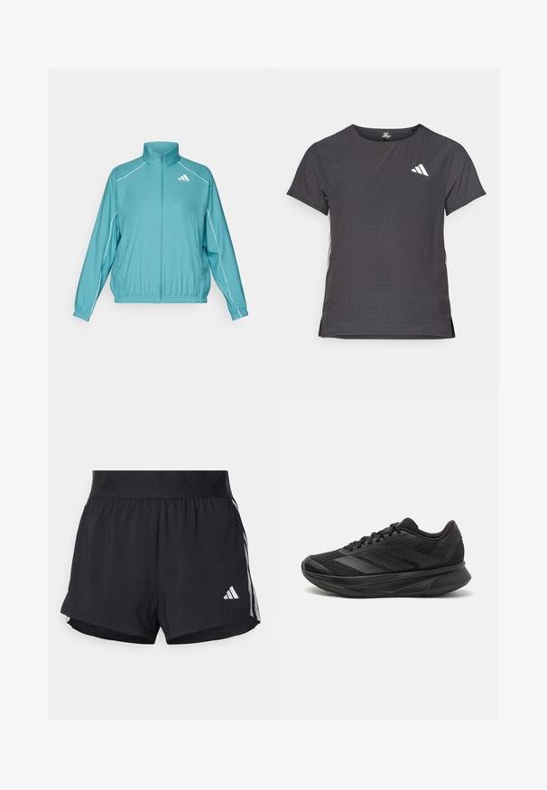 Tirkizna jakna sa patentnim zatvaranjem i stojećim ovratnikom. Sadrži bijele obrube duž ramena i mali logo na lijevom prsnom dijelu. Lagani materijal.; Majica kratkih rukava za sport, tamno siva s perforiranim uzorkom. Ima bijeli logo i kontrastne bočne pruge. Zaobljeni izrez.; Crne atletske kratke hlače s elastičnim pojasom, s teksturiranim pojasom, bočnim prugama i bijelim Adidas logotipom na donjem rubu.; Crne trkaće tenisice s prozračnom mrežastom gornjom konstrukcijom, zaobljenim prstima, elegantnim dizajnom, teksturiranim detaljima i mekanim potplatom za udobnost.