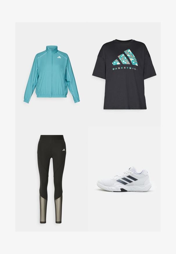 Chaqueta de zip en color azul verdoso con cuello alto. Presenta ribetes blancos en los hombros y un pequeño logo en el lado izquierdo del pecho. Material ligero.; Camiseta negra de gran tamaño hecha de algodón, con un patrón abstracto turquesa y la palabra "BASKETBALL" en texto contrastante debajo del logo.; Leggings deportivos negros con una cintura alta, que presentan detalles de malla en las piernas inferiores y un logo bordado en la cadera.; Zapatilla deportiva blanca con parte superior de malla, tres franjas negras a los lados, acentos texturizados y una suela de goma resistente con una sección negra en contraste.