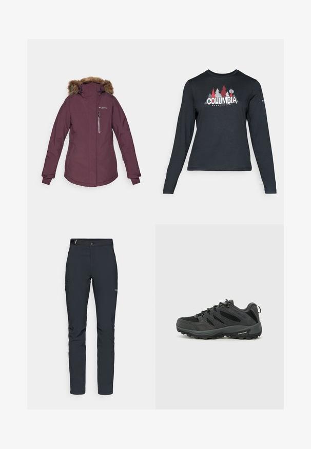 Columbia AVA ALPINE™ II INSULATED JACKET - Lyžařská bunda - moonvista; Tmavě šedá dlouhá košile s grafikou červených stromů a hor; logo "COLUMBIA" v tučném bílém písmu. Měkká tkanina, standardní kulatý výstřih.; Pánské outdoorové kalhoty, tmavě šedé, vyrobené z flexibilního materiálu, s pásem, zipovými kapsami a vyztuženým švem.; Columbia REDMOND - Trekingové boty - black/citron haze