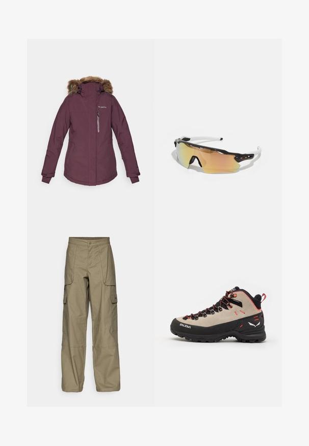 Columbia AVA ALPINE™ II INSULATED JACKET - Skijaška jakna - moonvista; Crna pamučna majica s okruglim izrezom i kratkim rukavima. Istaknuti bijeli logo na gornjoj lijevoj strani. Glatka tekstura, ležeran kroj.; Olive zelene cargo hlače, izrađene od tkanine, s širokim krojem, višestrukim bočnim džepovima i kopčanjem na dugme u struku. Glatka tekstura.; Muške planinarske čizme s bež nubuk gornjim dijelom, crnim gumenim potplatom, crvenim detaljima i konstrukcijom na vezivanje za sigurnije pristajanje.; Naočale za sunce s crno-bijelim okvirom, velikim zrcalnim lećama u zlatnim i ružičastim nijansama, aerodinamičnim dizajnom i produženim vanjskim rubom.