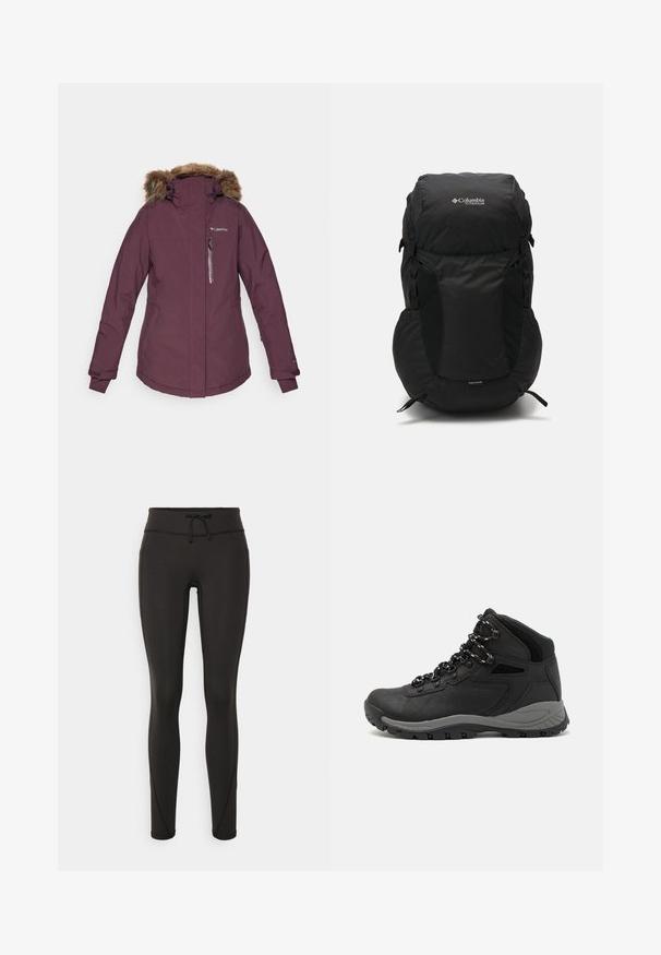 Columbia AVA ALPINE™ II INSULATED JACKET - Skijacke - moonvista; Schwarzes Columbia-T-Shirt mit weißer kreisförmiger Berg- und Fluss-Linienkunst und dem Text "Columbia Sportswear Company - Draußen seit 1938."; Schwarze Leggings mit hohem Bund, Kordelzug, glatter Textur und tailliertem Design. Verfügt über Nähte entlang der Seiten.; Schwarzer Wanderstiefel mit einem mittelhohen Design, ausgestattet mit einer strukturierten Oberfläche, grauen Akzenten und einer robusten Gummisohle mit Profilstollen.; Schwarzer Rucksack mit runder Oberseite, aus strapazierfähigem Material gefertigt. Verfügt über seitliche Netzfächer und ein Regenhüllenetikett am Boden.