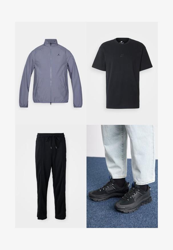 Light grey zip-up jacket with a high collar, side pockets, mesh accents, and a black logo on the chest. Smooth, athletic fabric.; Nike black cotton t-shirt with a classic crew neck, short sleeves, and a subtle, embossed logo on the chest. Smooth texture.; Black drawstring waist casual pants with side seam pockets and straight leg cut on a plain background.; Black athletic shoes with textured fabric and rubber soles, featuring elastic laces and a blue accent on the heel. Worn with light denim pants.