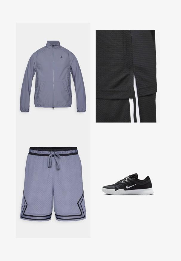 Ανοιχτό γκρι μπουφάν με φερμουάρ και ψηλό γιακά, πλαϊνές τσέπες, διχτυωτές λεπτομέρειες και μαύρο λογότυπο στο στήθος. Λείο, αθλητικό ύφασμα.; Μαύρη αθλητική μπλούζα με υφή υφάσματος, κοντό στρίφωμα με πλευρικές σχισμές και λευκές διακοσμητικές ρίγες κατά μήκος των πλευρών.; Αθλητικές σορτς σε ανοιχτό μπλε χρώμα με διαχωριστική πλέξη, ελαστική μέση, κορδόνι και μαύρες λεπτομέρειες κατά μήκος του στριφώματος και στη πλευρά.; Μαύρο αθλητικό παπούτσι με υφή στο επάνω μέρος, λευκό σήμα Nike και λευκή καουτσούκ σόλα. Διαθέτει σχέδιο με κορδόνια και δυναμικό σχήμα.