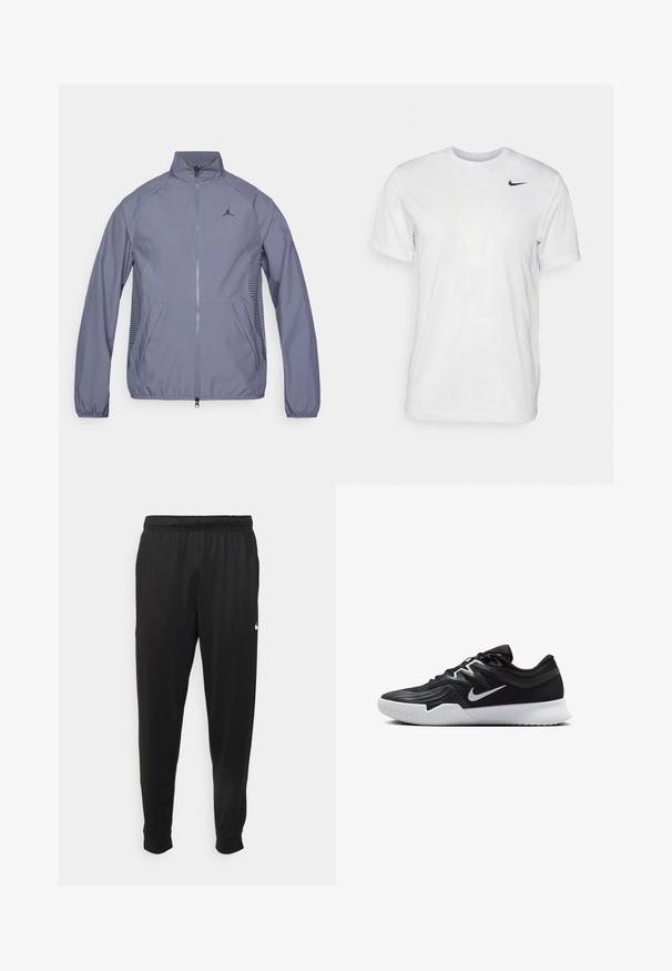 Ανοιχτό γκρι μπουφάν με φερμουάρ και ψηλό γιακά, πλαϊνές τσέπες, διχτυωτές λεπτομέρειες και μαύρο λογότυπο στο στήθος. Λείο, αθλητικό ύφασμα.; Λευκό κοντομάνικο T-shirt από απαλό ύφασμα. Διαθέτει στρογγυλή λαιμόκοψη και ένα μικρό μαύρο λογότυπο Nike στο αριστερό στήθος.; Μαύρο αθλητικό παντελόνι από λείο ύφασμα, με ελαστική μέση, κοφτά μπατζάκια και μικρό λευκό λογότυπο στην αριστερή πλευρά.; Μαύρο αθλητικό παπούτσι με υφή στο επάνω μέρος, λευκό σήμα Nike και λευκή καουτσούκ σόλα. Διαθέτει σχέδιο με κορδόνια και δυναμικό σχήμα.