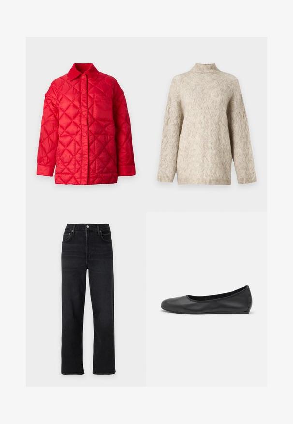 Piros steppelt dzseki, galléros nyakkal, patent gombos záródással, és egy elülső zsebbel. Simább, fényes textúra.; Beige kötött pulóver magas nyakkal, texturált kábelelméllyel és laza ujjakkal. Puha, bolyhos fonalból készült.; Fekete egyenes lábú farmernadrág. Öt zsebből, gombos és cipzáros öltöztetésből, valamint diszkrét varrási részletekből áll.; Fekete bőr balettcipő lekerekített orral, sima tekstúrával, minimális varrással és rugalmas talp kialakítással.