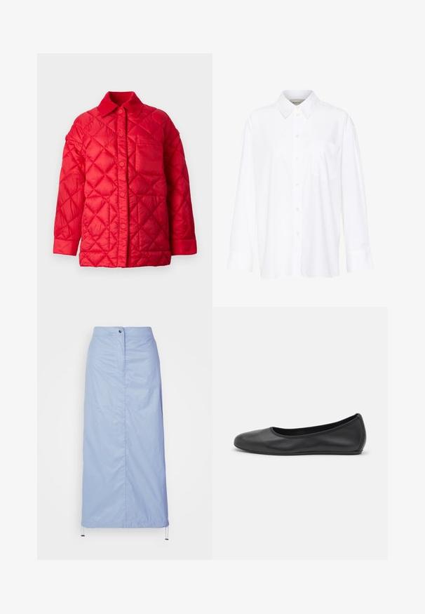 Punase kätitud jope, millel on krae, klõpsuga kinnitamine ja üks tasku ees. Sile ja läikiv tekstuur.; Valge pika käisega krae särg, mis on valmistatud puuvillast. Omab nööbipaneeli esiosa ja ühte rinna taskut. Sujuv tekstuur, vabalt lõigatud.; Hele sinise, keskmise pikkusega seelik, mis on valmistatud siledast, kergest materjalist ja millel on sirge lõige. Seelikul on eesnuppude sulgemine ja tõmbluku äär.; Musthave mustika tantsutossud mustast nahast, ümmarguse varbaga, siledast tekstuurist, minimaalse õmblusdetailiga ja paindliku tallakujundusega.