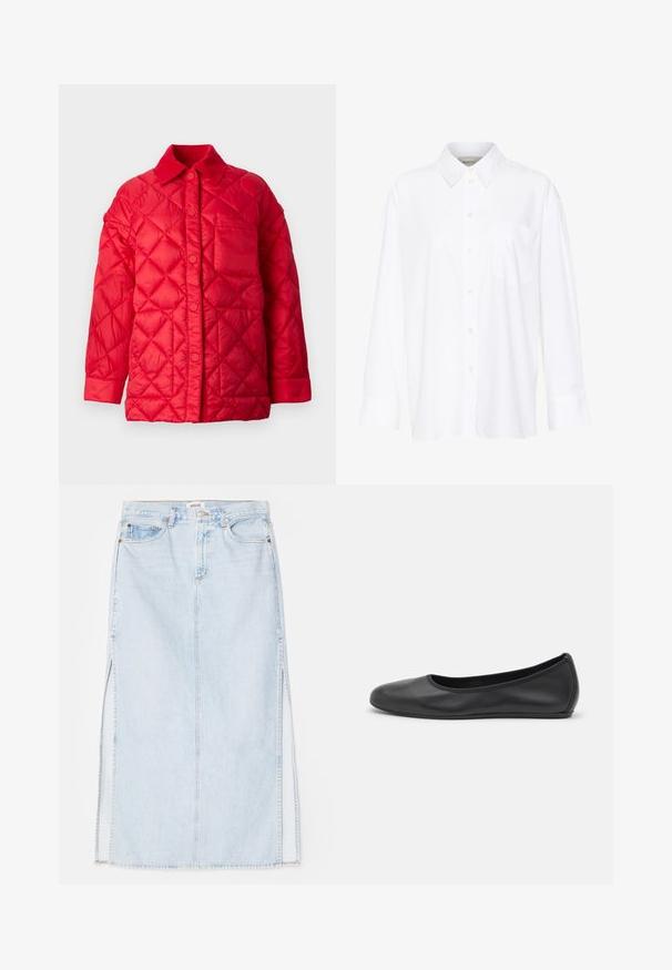 Rode gewatteerde jas met een kraaghalslijn, snapknopen sluiting en een enkele zak aan de voorkant. Glad, glanzend materiaal.; Witte lange mouwen overhemd met kraag van katoen. Voorzien van een knoopsluiting aan de voorkant en een enkele borstzak. Een gladde textuur en een ontspannen pasvorm.; Lichtblauwe denim maxi rok met een rechte snit, voorzien van zijsplits en een ontwerp met vijf zakken. Opvallende stiksels en metalen knoopsluiting.; Zwarte leren ballerina met een ronde neus, gladde textuur, minimale stikdetails en een flexibele zoolontwerp.
