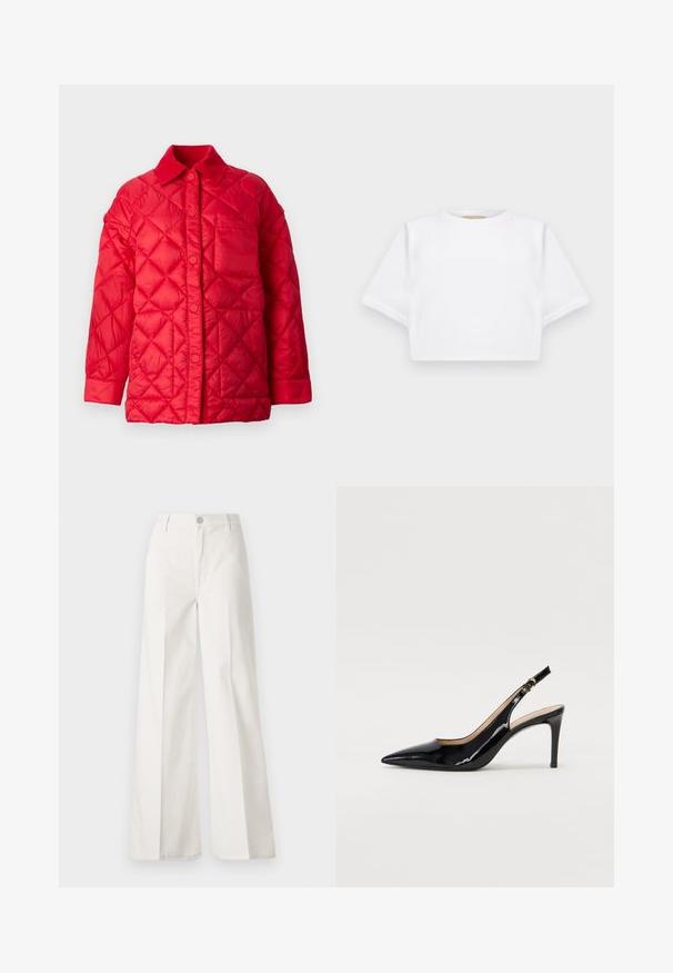 Rød quiltet jakke med krave, trykknaplukning og en enkelt lomme foran. Glat, skinnende tekstur.; KFrakelse hvid t-shirt lavet af blødt stof, med korte ærmer, rund halsudskæring og ribbede nederste detaljer. Enkel og udekoreret design.; Hvide vidde bukser lavet af bomuld med en glat tekstur. Har en frontknap, lynlås, og fire-lomme design.; Sort patenteret læder slingback stiletto med spids tå, slank hæl og et subtilt udskæringsdesign. Har en gylden spænde på remmen.