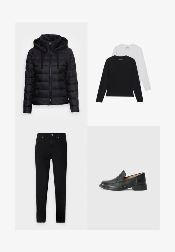 Marc O'Polo Casaco de inverno - black; Duas blusas de manga longa: uma preta e uma branca. Ambas apresentam um decote redondo e uma textura lisa e canelada. Etiqueta da marca visível na parte interna do decote.; Jeans de ganga preta com um corte slim, apresentando um fecho frontal por botão, passantes para cinto e design clássico de cinco bolsos. Textura suave.; Mocassim de couro preto com um salto baixo, apresentando um design costurado e estilo slip-on, contra um fundo branco liso.