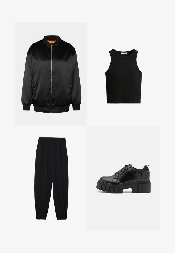 Jacket bomber neagră, realizată din satin neted, cu fermoar în față, manșete și tiv cu nervuri, și căptușeală portocalie. Design clasic și minimalist.; Top de tip tank, negru, cu guler rotund și brațe ample. Materialul pare moale, având un design ajustat.; Pantaloni negri, ușori, cu un brâu elastic și tivuri strânse. Materialul este neted și are un design relaxat, conic.; Pantofi cu talpă plată din piele neagră, cu toc gros, vârf rotund și design tradițional cu șireturi. Prezintă o textură netedă și detalii minime.