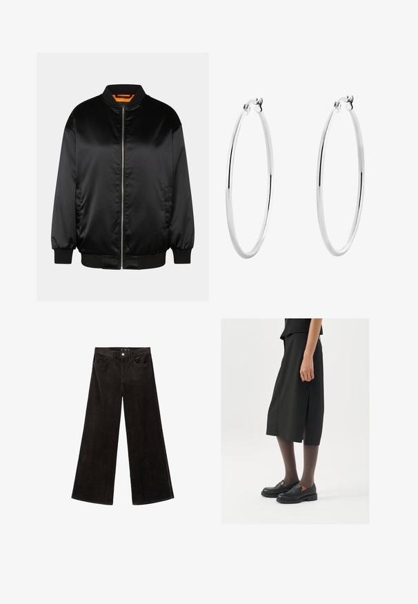 Czarna kurtka bomberka wykonana z gładkiego satyny, z zamkiem z przodu, prążkowanymi mankietami i dołem oraz pomarańczową podszewką. Klasyczny i minimalistyczny design.; Szary prążkowany top na ramiączkach z okrągłym dekoltem i bez rękawów. Miękka tekstura i dopasowany krój, idealny do codziennych stylizacji lub jako warstwa.; Czarne spodnie z szerokimi nogawkami z korduroju, z wysokim stanem, kieszeniami z przodu i teksturowanym materiałem, z zapięciem na guzik i paskiem.; Czarna spódnica do kolan z bocznym rozcięciem, połączona z czarnymi mokasynami i przezroczystymi brązowymi rajstopami, charakteryzująca się gładkim materiałem i prostym wzorem.; Srebrne kolczyki w formie obręczy z gładką, polerowaną powierzchnią i cienkim, okrągłym kształtem. Wzór posiada pewne zapięcie.
