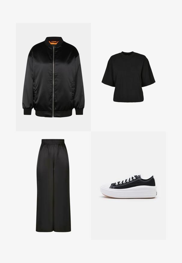 Mustast bomber-jakk, mis on valmistatud siledast satiinist, varustatud lokkfrontiga, soonikkäe- ja ääreosadega ning oranži voodriga. Klassikaline ja minimalistlik disain.; Must terav t-särk, mis on valmistatud puuvillast. Omab lühikesi varrukaid ja ümmargust kaelust. Sile tekstuur ja lihtne disain, ilma täiendavate mustriteta.; Mustad laiad püksid, mis on valmistatud siledast, läikivast kangast, millel on elastne vöökoht ja ilma nähtavate taskute või riistvara detailideta.; Mustad mustad kingad valgete paeltega, valge kummist varbakattega ja paksu valge vaheosaga. Omab diskreetset valget õmblust ja kummi talla.