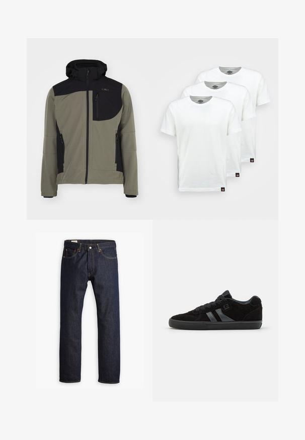 Veste softshell olive avec des accents noirs, dotée d'une capuche, de poches zippées et d'un patch de poitrine avec logo. Semble légère et flexible.; Trois t-shirts en coton blanc uni à manches courtes. Chaque t-shirt présente un col rond et une petite étiquette de logo noire sur le côté gauche.; Jean en denim bleu marine présentant une coupe droite, des coutures orange et un style à cinq poches avec une fermeture à bouton en métal.; Baskets de skateboard en daim noir avec semelles en caoutchouc foncé, dotées de bandes latérales grises et de lacets assortis, conçues pour le confort et la durabilité.