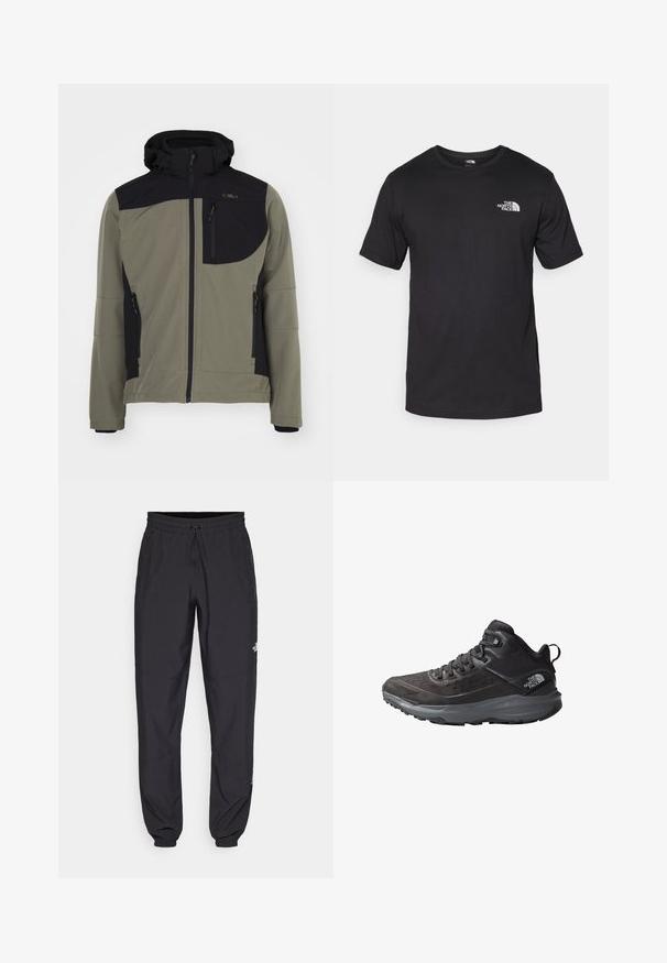 Softshelljacke in Olivgrün mit schwarzen Akzenten, ausgestattet mit Kapuze, Reißverschlusstaschen und einem Markenpatch auf der Brust. Sie erscheint leicht und flexibel.; Schwarzes T-Shirt mit kurzen Ärmeln aus Baumwolle, mit einem runden Ausschnitt und einem kleinen weißen Logo auf der oberen linken Brust.; Schwarze Sporthosen aus leichtem Stoff, mit einem Kordelzugbund, seitlichen Taschen und schmal zulaufenden Bündchen an den Knöcheln.; Schwarze Wanderschuhe mit einem strukturierten Obermaterial, verstärkter Zehenkappe und grauem Außensohlenmaterial. Verfügt über ein Schnürdesign und einen gepolsterten Knöchelkragen.