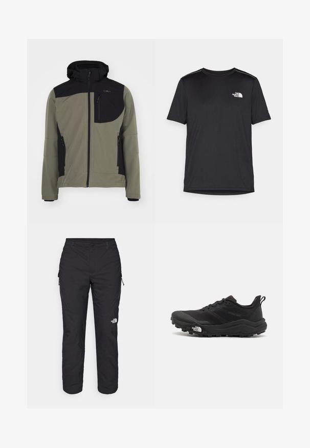 Softshell jakke i olivengrøn med sorte accenter, featuring en hætte, lynlåslommer og et logo på brystet. Ser let og fleksibel ud.; Sort t-shirt med korte ærmer lavet af letvægtsstof. Har et lille hvidt logo på venstre bryst og diskrete skuldrelementer.; The North Face WINTER EXPLORATION TAPERED CARGO - Outdoorbukser - black; Sort trail løbesko med en struktureret overdel, gummisål og forstærket tåhætte. Har en polstret krave og en pull-tab til nem påtagning.