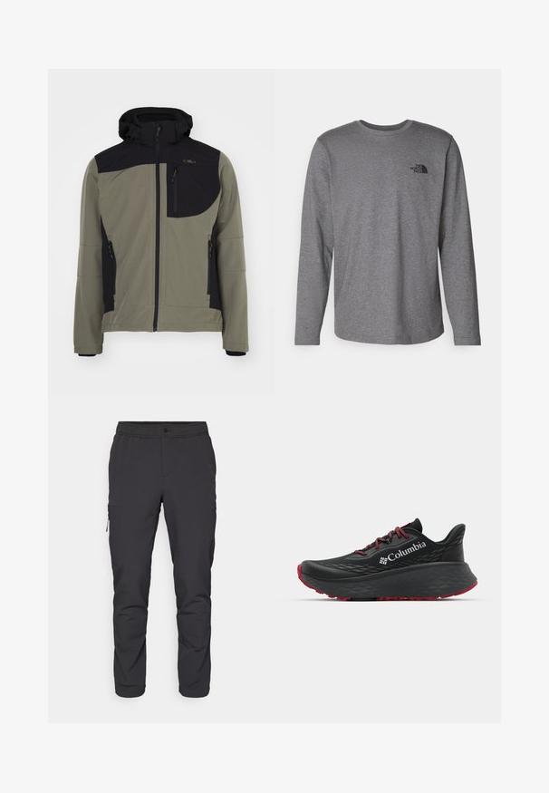 Softshell jakke i olivengrøn med sorte accenter, featuring en hætte, lynlåslommer og et logo på brystet. Ser let og fleksibel ud.; The North Face M L/S SIMPLE DOME TEE - Langærmet T-shirt - medium grey heather; Sorte, tapered bukser med elastisk talje, lynlåslomme på siden og glat, letvægtsstof. Ideel til aktivt tøj.; Sort atletisk sko med struktureret overdel, røde snørebånd og logo. Tykk sål med mønstret bund for godt greb. Minimalistisk design, set fra siden.