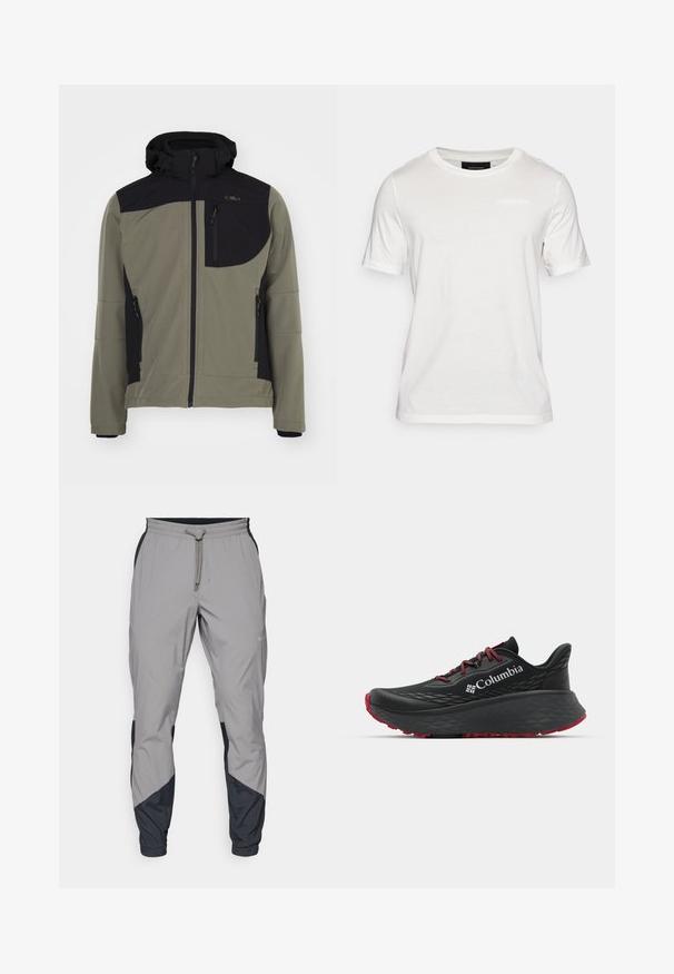 Mäkký kabát v olivovo zelenej farbe s čiernymi akcentmi, ktorý má kapucňu, zipsové vrecká a označenie na hrudi. Vyzerá ľahko a flexibilne.; Biely krátky rukáv tričko vyrobené z jemnej látky. Má okrúhly výstrih a nenápadný detail značky v prednej časti.; Ľahké, šedé športové nohavice s čiernymi akcentmi. Elastický pás, sťahovanie pomocou šnúrky, zúžený strih nohavíc a bočné vrecká.; Čierna športová obuv s textúrovaným zvrškom, červenými šnúrkami a logom. Hrubá podrážka s vzorovaným dezénom pre trakciu. Minimalistický dizajn, bočný pohľad.