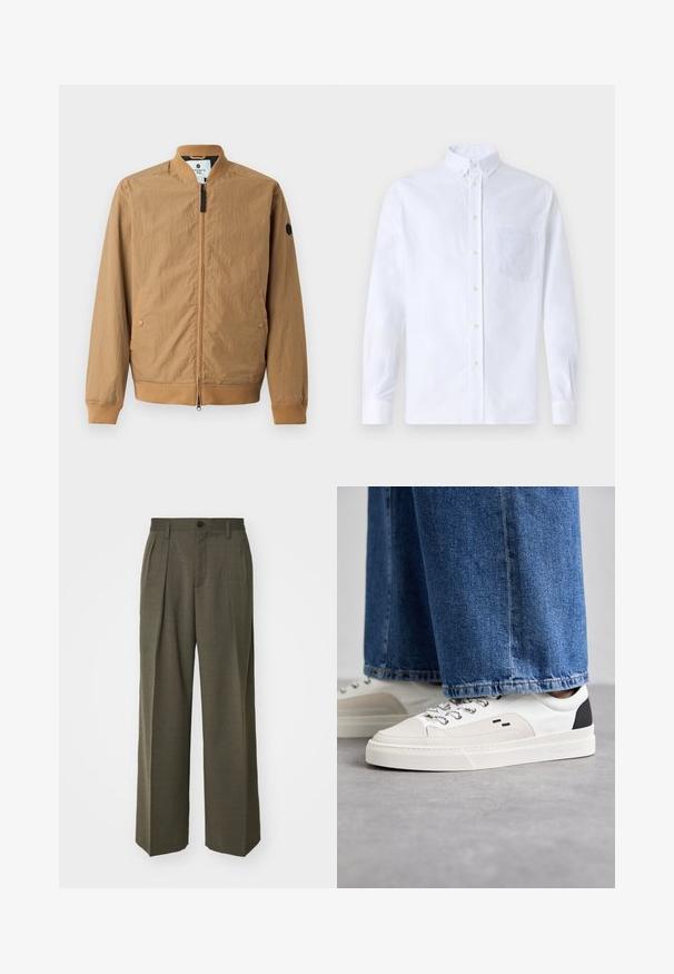 Bomber en marron clair avec col montant, poignets côtelés, deux poches latérales et un patch logo noir sur la manche gauche. Fermeture éclair.; Chemise blanche à manches longues avec boutons en coton, présentant une poche poitrine avec broderie ton sur ton, un col et des poignets boutonnés.; Filippa K WIDE TROUSERS - Pantalon classique - driftwood; Baskets blanches et noires avec une tige en cuir lisse, des accents texturés et une semelle épaisse blanche. Présentent un design classique à lacets.