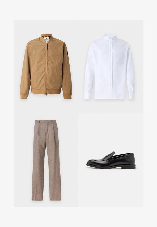 Svijetlosmeđa bomber jakna s podstavljenim ovratnikom, rebrastim manžetama, dva bočna džepa i crnom logom na lijevom rukavu. Zatvaranje na patentni zatvarač.; Bijela košulja s dugim rukavima na dugme, izrađena od pamuka, s džepom na prsima s ton-sur-ton vezom, ovratnikom i dugmadi na manžetama.; Smeđe, hlače viskog struka od teksturiranog materijala. Imaju široke nogavice i dva prednja pregiba za strukturu. Uređen završetak bez vidljivih metalnih dijelova.; Crni kožni mokasini s glatkom teksturom, zaobljenim prstima i ukrasnom trakom preko prednjeg dijela. Niski slojeviti potplat, minimalistički dizajn.