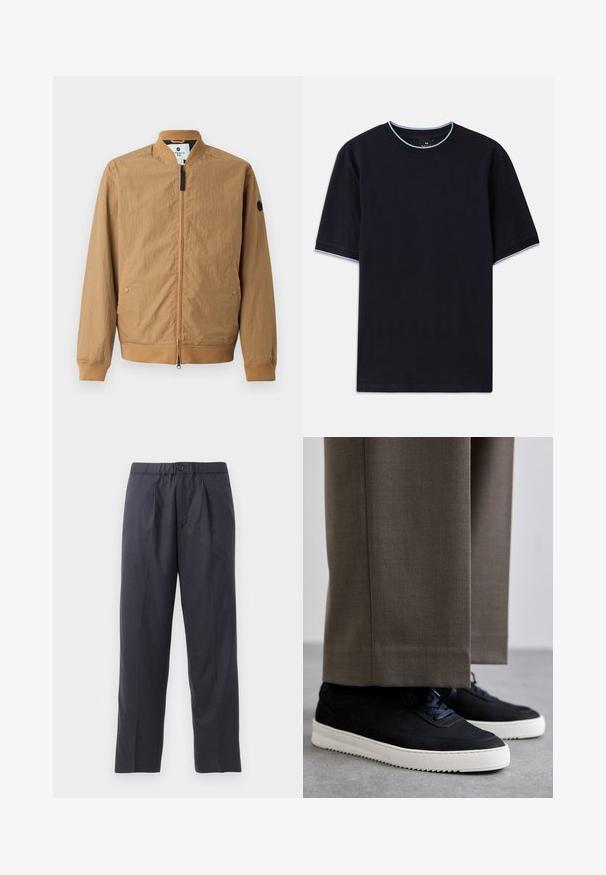 Šviesiai rudas bombers tipo švarkas su stovinčia apykakle, juostinėmis rankovėmis, dviem šoninėmis kišenėmis ir juodu logotipo lipduku ant kairės rankovės. Uždarymas užtrauktuku.; Tamsiai mėlynas trumpas rankovės marškinėlis su apvalia iškirpte, su šviesiai mėlynu akcentu ant apykaklės ir rankovių. Pagamintas iš švelnaus medvilnės audinio.; Tamsiai mėlynos kelnės, pagamintos iš švelnios medžiagos, su klostėtu priekiu ir elastingu juosmeniu. Yra mygtuko užtrauktukas ir tiesios išklikimo pjūvis.; Juodi zomšiniai sportbačiai su baltais guminiais padais, su apvalia nosimi ir raišteliais, dėvimi su pilkais pritaikytais kelnais.