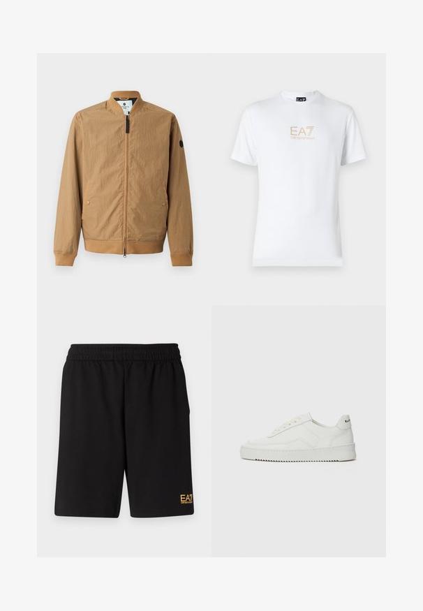 Lichtbruine bomberjack met een staande kraag, geribbelde manchetten, twee zijzakken en een zwart logo-opdruk op de linkermouw. Ritssluiting.; Witte katoenen t-shirt met een ronde halslijn en korte mouwen, voorzien van een gouden EA7 Emporio Armani-logo op de voorkant.; Zwarte sportshorts van zacht materiaal, met een elastische tailleband en een klein geel EA7-logo op de onderste linkeronderbroek.; Witte leren sneaker met een gladde afwerking, ronde neus, platte veters en een gestructureerde zool. Kenmerkt zich door een subtiel logo op de hiel.