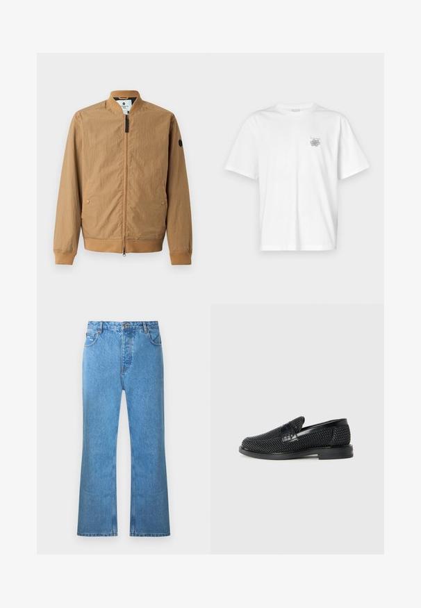 Lysebrun bomberjakke med ståkrave, ribbede manchetter, to sidelommer og et sort logo-patch på venstre ærme. Lynlås lukning.; Hvid t-shirt lavet af bomuld med korte ærmer, rund halsudskæring og et lille gråt logo på venstre brystområde. Glat tekstur.; Lyseblå denim flared jeans med høj talje, fem lommer og diskrete falmninger. Har syningsdetaljer og knaplukning.; Sort vævet slip-on sko med en glat læderdetalje på overdelen, en rund tådesign og en lavprofil gummisål.