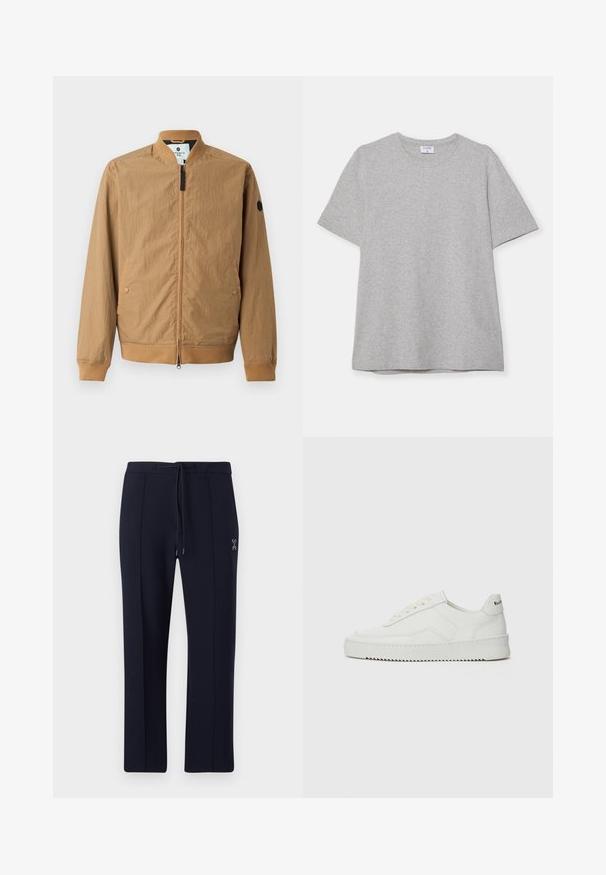 Lysebrun bomberjakke med ståkrave, ribbede manchetter, to sidelommer og et sort logo-patch på venstre ærme. Lynlås lukning.; Grå kortærmet T-shirt lavet af blødt, struktureret stof. Har en klassisk rund hals og en lige kant, velegnet til afslappet brug.; Marinebukser med afslappet pasform, der har snøre i taljen og sidelommer. Glat stof med diskrete frontfolder og logo-detalje.; Hvide lædersneakers med en glat overflade, rund tå, flade snørebånd og en tekstureret sål. Har et diskret logo på hælen.