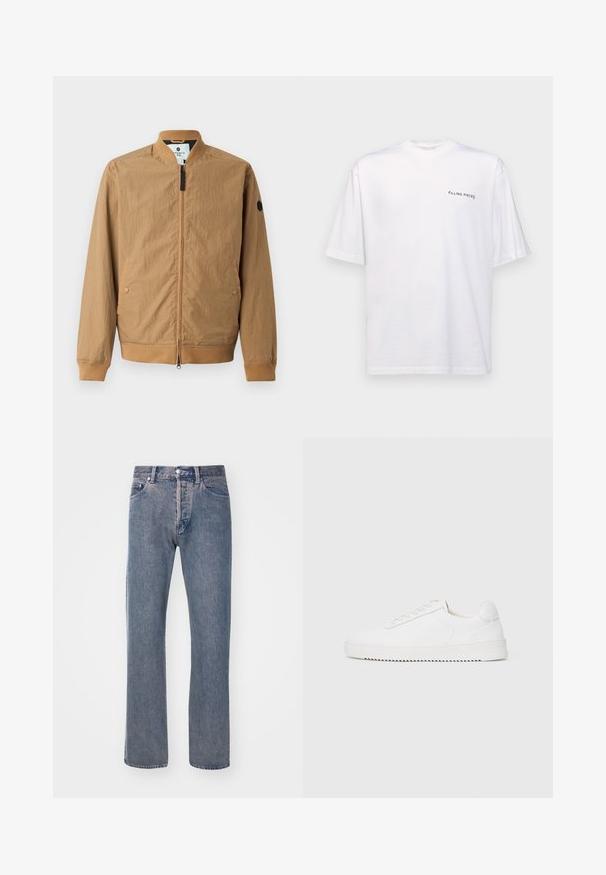 Light brown bomber jacket with a stand collar, ribbed cuffs, two side pockets, and a black logo patch on the left sleeve. Zipper closure.; White short-sleeve t-shirt in cotton with a v-neck, featuring a black "FILLING PIECES" logo printed on the left side.; Light blue straight-leg jeans made of denim fabric, featuring a five-pocket design, a zip fly, and contrasting stitching details.; White sneaker with a smooth leather upper, rounded toe, laces, textured side accents, and a thick rubber sole. Minimalist design.
