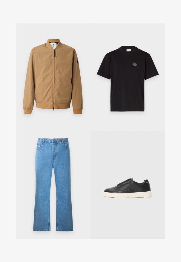 Lysebrun bomberjakke med ståkrave, ribbede manchetter, to sidelommer og et sort logo-patch på venstre ærme. Lynlås lukning.; Sort bomulds t-shirt med rund hals og korte ærmer. Har et lille blåt logo på venstre bryst. Simpel, lige snit design.; Lyseblå denim flared jeans med høj talje, fem lommer og diskrete falmninger. Har syningsdetaljer og knaplukning.; Sort lædersneaker med struktureret overflade, rund tå og flad hvid gummisål. Har sorte snørebånd og branding på hælen.